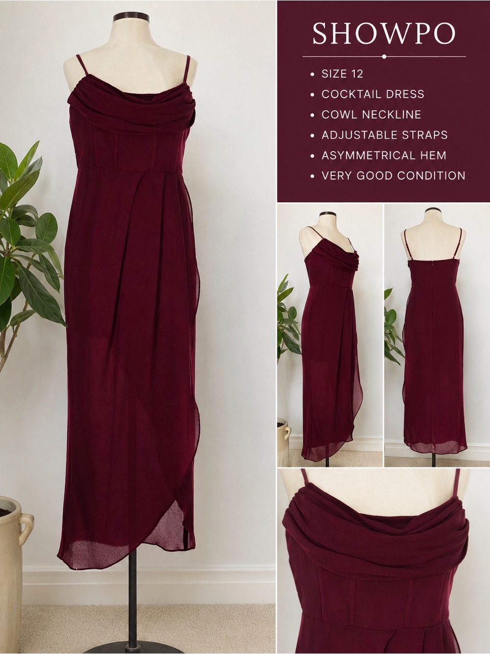 Showpo. Burgundy Asymmetrical Cowl Neck Maxi Dress